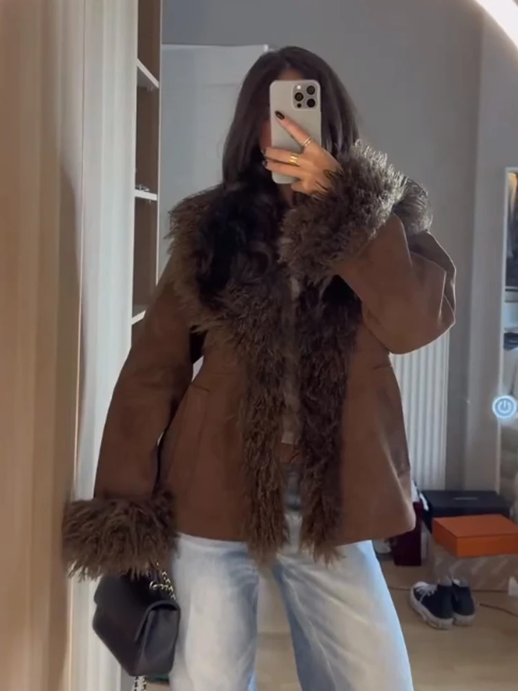 HH Winter Elegante Damen Warme Jacke Solide Langarm Revers Tasche Dekorieren Kurzmantel 2025, Frau Kunstpelz-Effekt-Outwear