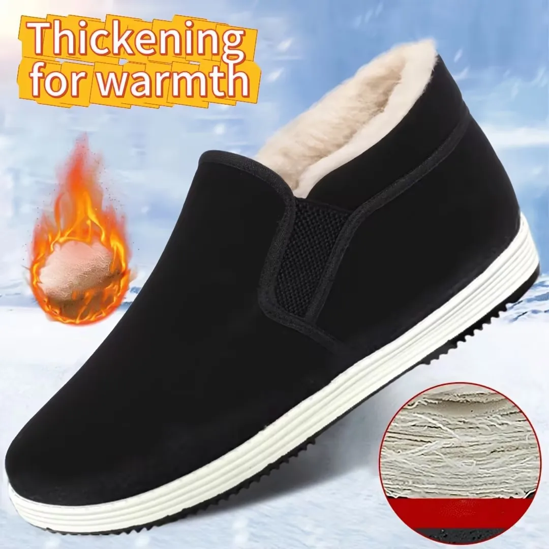 Winter Men's Cotton Shoes Fleece Keep Warm Ankle Boots for Men Black Lightweight Slip-on Flats Work Footwear Casual Man Sneakers