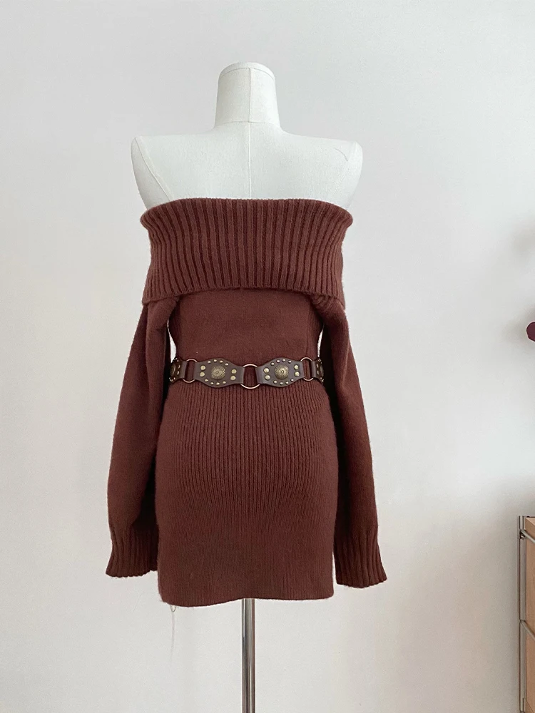 Women\'s Brown Knitted Bodycon Dress Vintage Long Sleeve Mini Dresses Y2k Elegant Party Club One Piece Frocks 2000s Clothes 2024