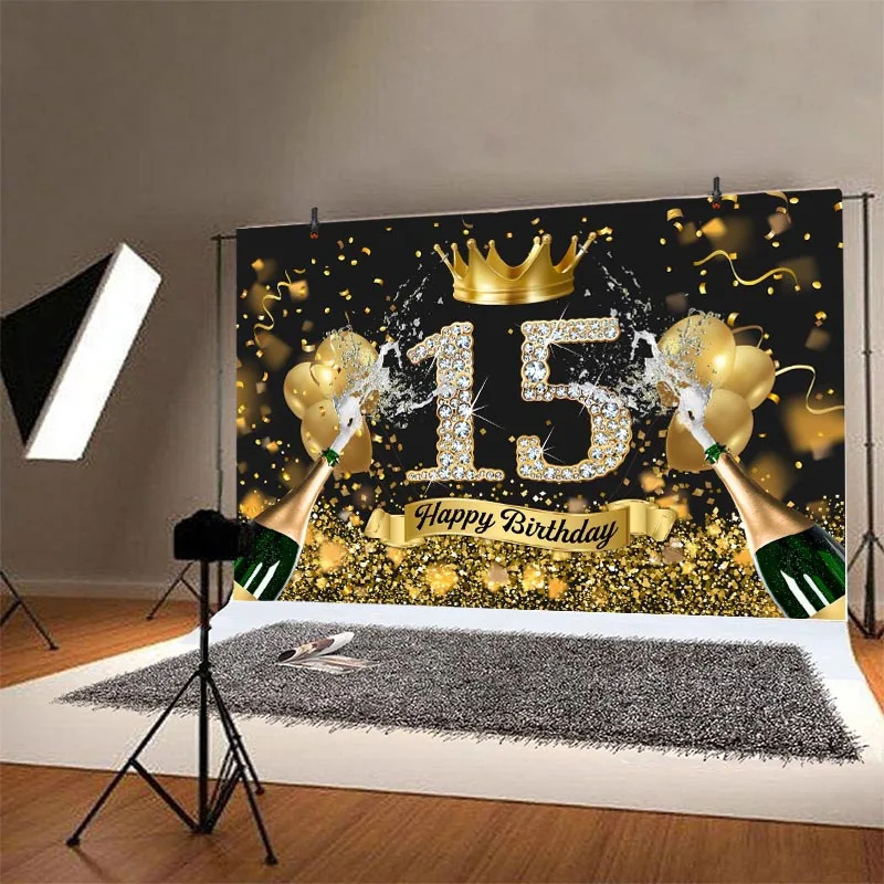 أسود Glod 15th خلفية Gloden تاج بنين بنات 15 سنة حفلة عيد ميلاد مخصص صورة زخرفة خلفية راية