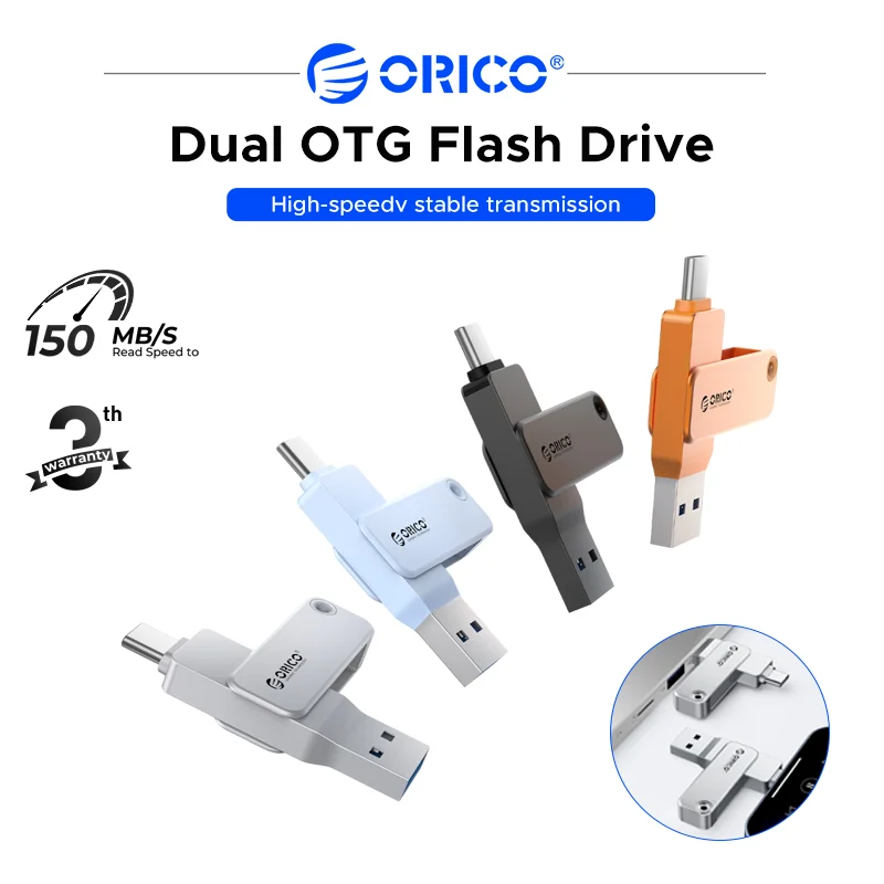 ORICO 128GB USB3.2 Dual OTG Flash Drive, USB A & Type C 2-in-1 Portable Storage Stick for Android MacBook