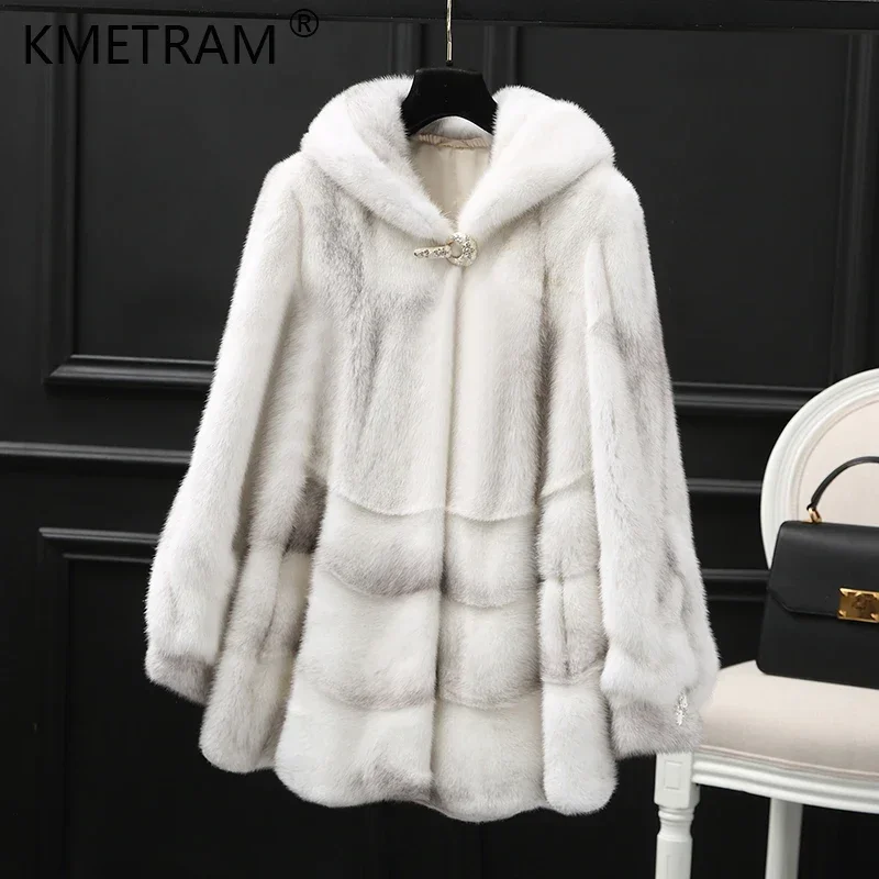 Top Quality Natural Cross Mink Fur Jacket for Women Real Fur Coat Womens Clothing Luxury Mid-length Hooded Fur Coats and Jackets