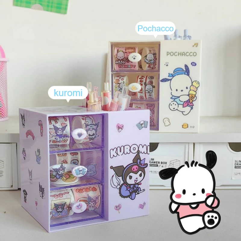 Organizador de escritorio Kuromi Pochacco, portalápices con cajón de 3 compartimentos, caja de almacenamiento multifuncional para decoración de escritorio de oficina escolar