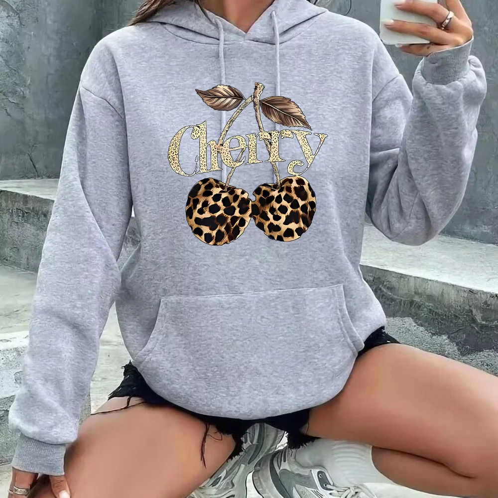 Pocket Hooded Hoodie Streetwear Leopard Cherry Print Long Sleeve Sweatshirt Clothing Hoody Autumn Winter Hoodies