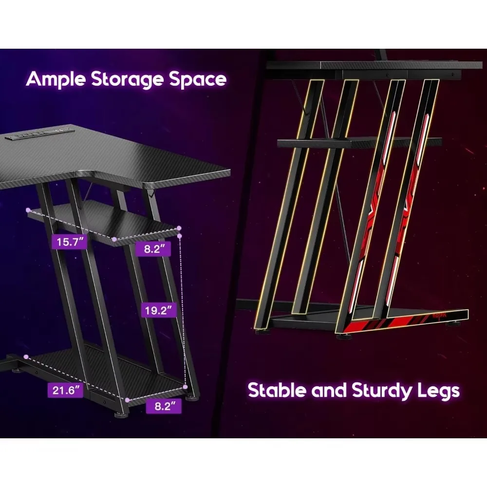 Escritorio para juegos con luces LED y tomas de corriente, escritorio para computadora para juegos con estantes de almacenamiento, escritorio para computadora con textura de fibra de carbono