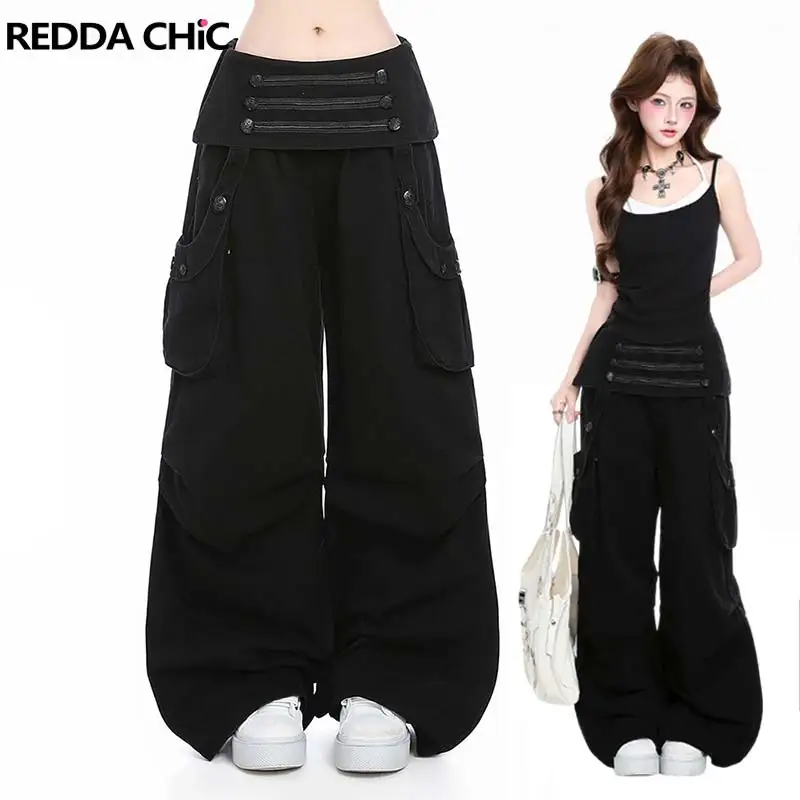 REDDACHiC Women Wide Leg Cargo Pants Napoleon Black Fold Over Waist Cleanfit Button Decor Big Pockets Trousers Punk Streetwear