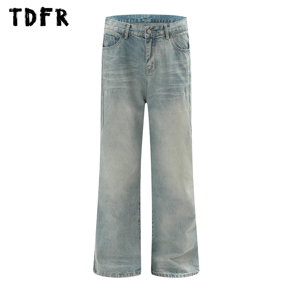 Spliced Washed Distressed Jeans Mens Spring Retro Streetwear Loose Straight Denim Flare Pants Men