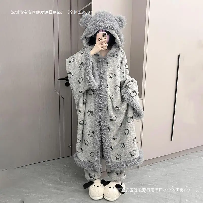 Hot Kawaii Hello Kitty Hooded Pajamas Girls Pants Sanrio Cute Gray Cloak Coral Velvet Outer Wear Home Clothes Casual Robe Suit