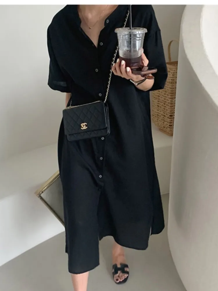 Over Size Summer Loose Slit Long Shirt Dress Women Single Breasted Short Sleeved Temperament Cotton Linen Ladies Dresses