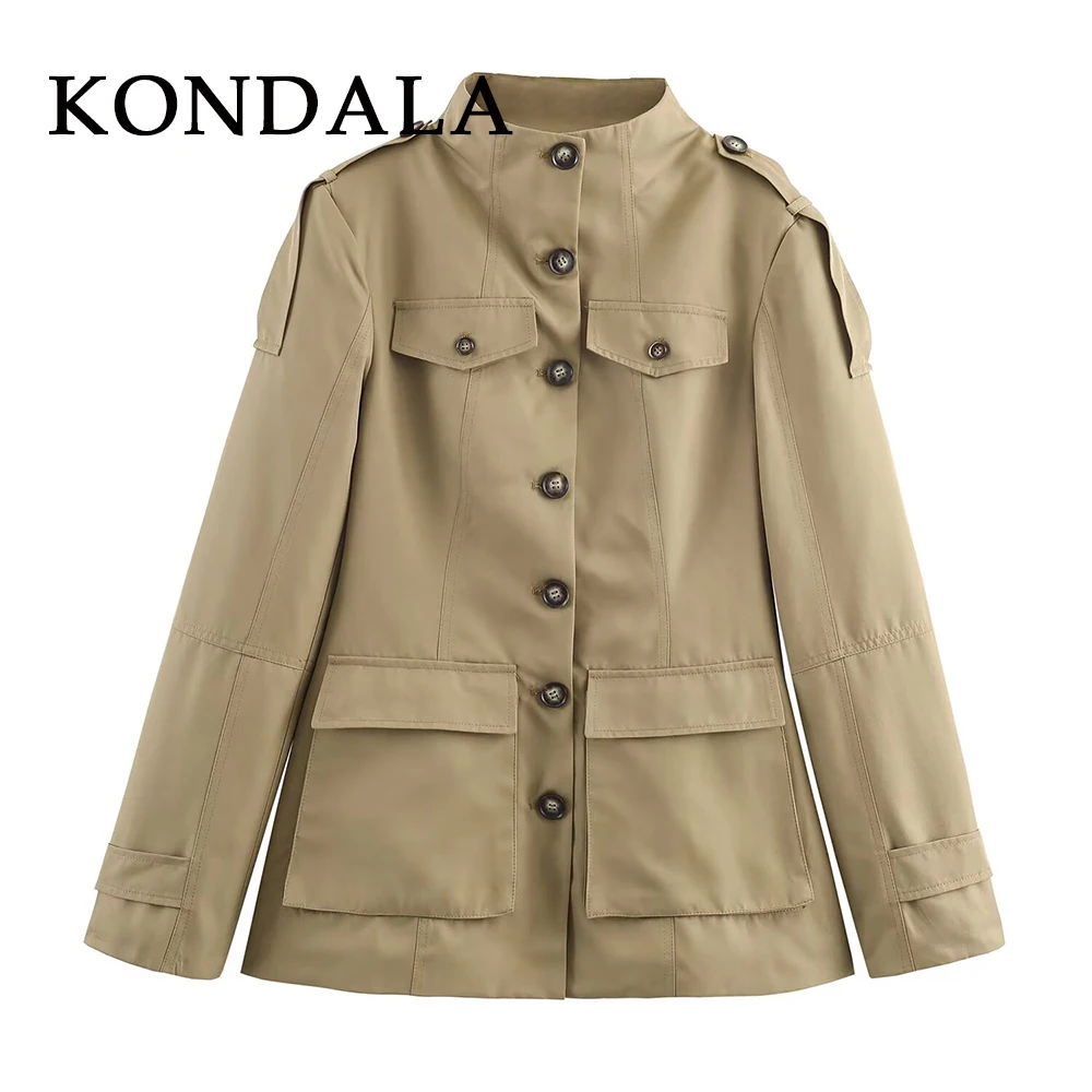 

KONDALA Chic Khaki Casual Woman Fashion 2025 Coats Single Breasted Pockets Outwear Vintage Autumn Straight Female Solid Trench