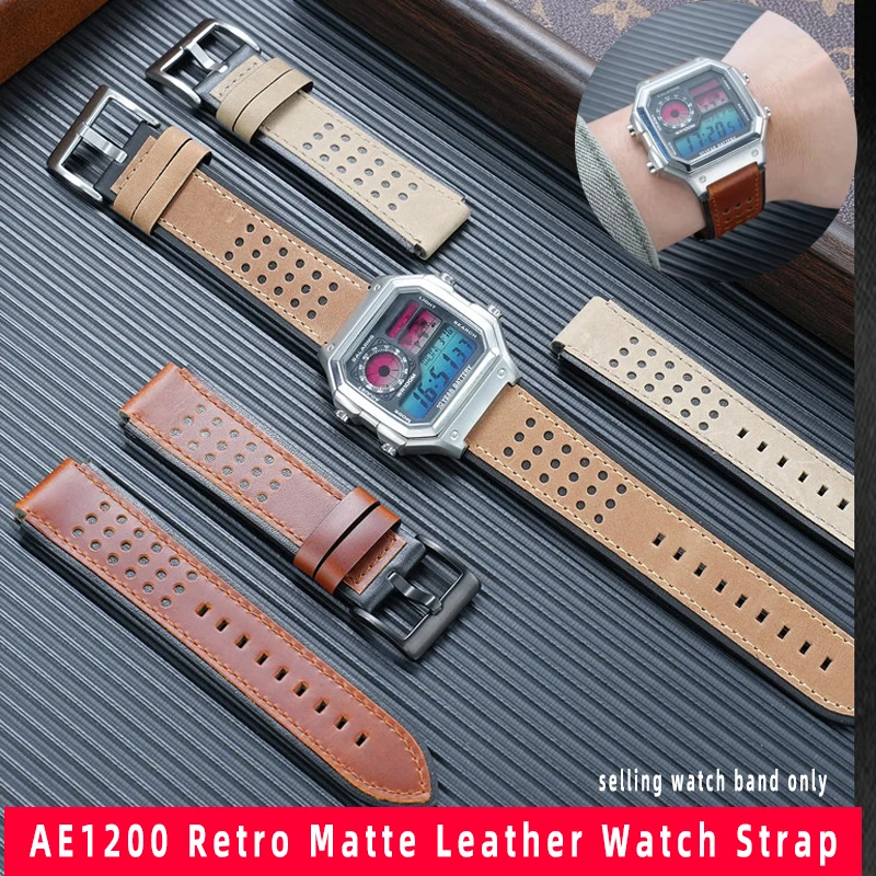 Correa de reloj de cuero Retro AE1200 para Casio AE-1200WH AE-1300, correa de reloj de cuero de vaca para hombre, pulsera convexa de 18mm, suave