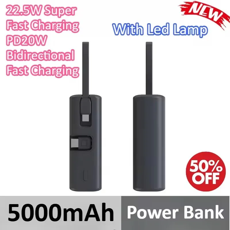 

5000 мАч Power Bank 22,5 Вт Сверхбыстрая зарядка PD20W Двунаправленная быстрая зарядка со светодиодной лампой для IPhone для Samsung для Huawei