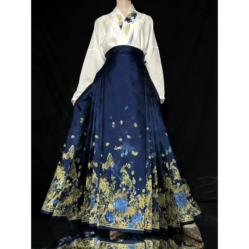 

Ming Dynasty Hanfu Horse Face Skirt Women Chinese New Year Costume Embroidery Weaving Gold Red Blue Black Hanfu Pleats Skirt