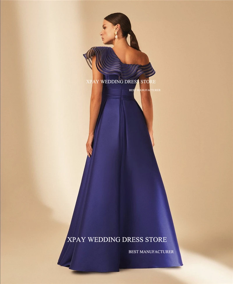 XPAY Modest Party Dresses Satin Different Short Tiered sleeves Split Dubai Arabia Women Evening Dresses Formal Prom gowns