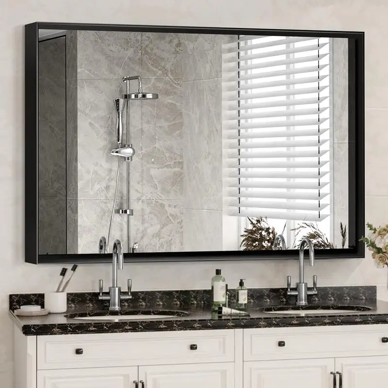 

36x30 Inch Glossy Black Wall Mirror, Rectangular Vanity Mirror, Farmhouse Style, Metal Frame, Decorative Corner Mirror,