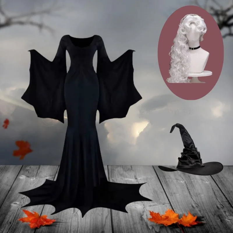 

Halloween Cosplay Costume Black Gothic Women Long Sleeve Floor Dress Ghost Witch Wig Hat Suit Carnival Party Roleplay Outfits