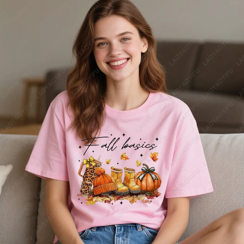 Retro Fall Basics Coquette Bow Pumpkin Tshirt Autumn Girly Design Sublimation Tops Men Women High Quality Cotton Regular Tees