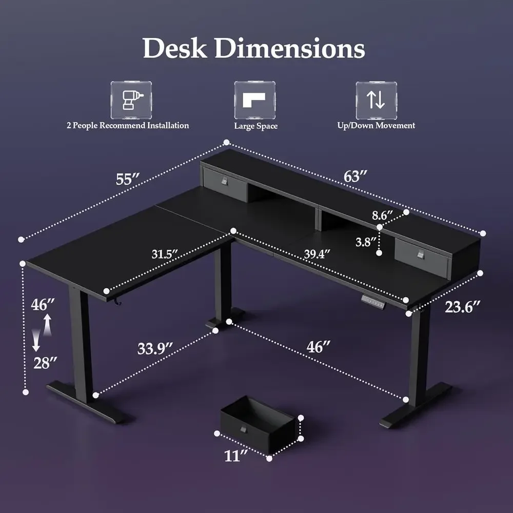 

Special OfferAdjustable Height L-Shaped Desk With Storage Shelf, 63x55.1 Inches, Black, For Home Office