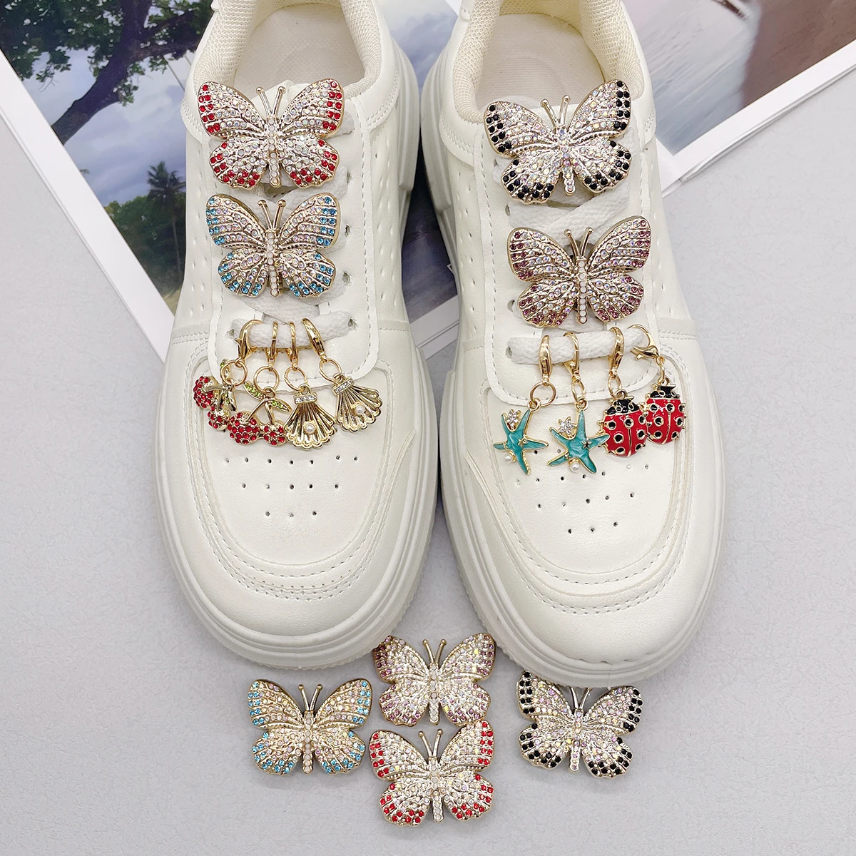 4PCS Rhinestone Butterfly Shoelaces Charms DIY Decorations Cherry Ladybug Shoe Pendants Accessories Shell Starfish Shoe Clips