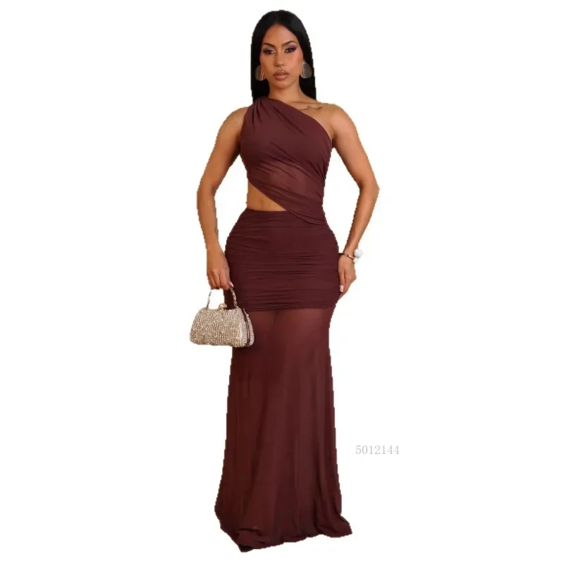 Women's Sexy One-Shoulder Mesh Maxi Dress Strapless Sleeveless Backless Club Party Long Dress New Style 2025
