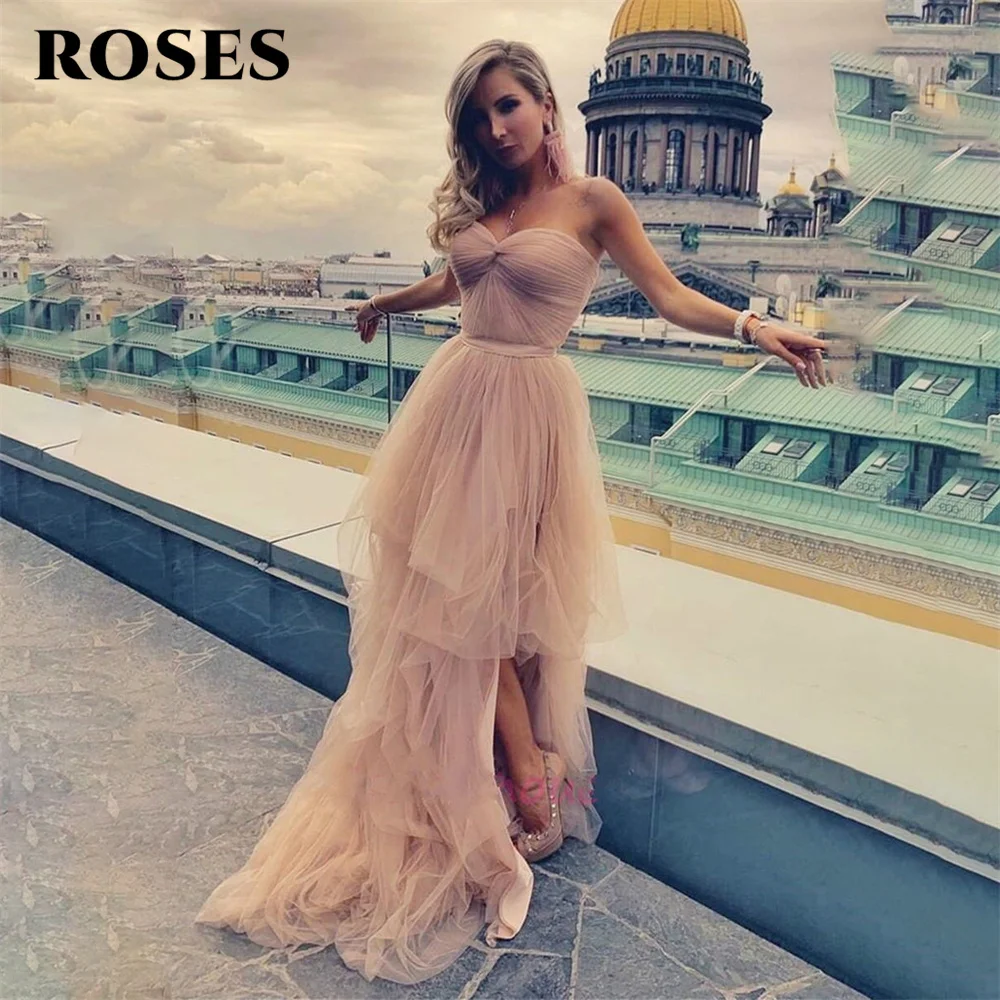 

ROSES Sweetheart Sleeveless Chic Woman Evening Dress Gown Tiered Tulle Ball Gown Side Split Night Dresses Gown robes de soirée