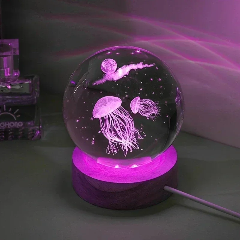 6cm 3D Various colors Crystal Ball Decoration 2024 Astronomy Jellyfish LED Balls Home Snow Globe Decorations