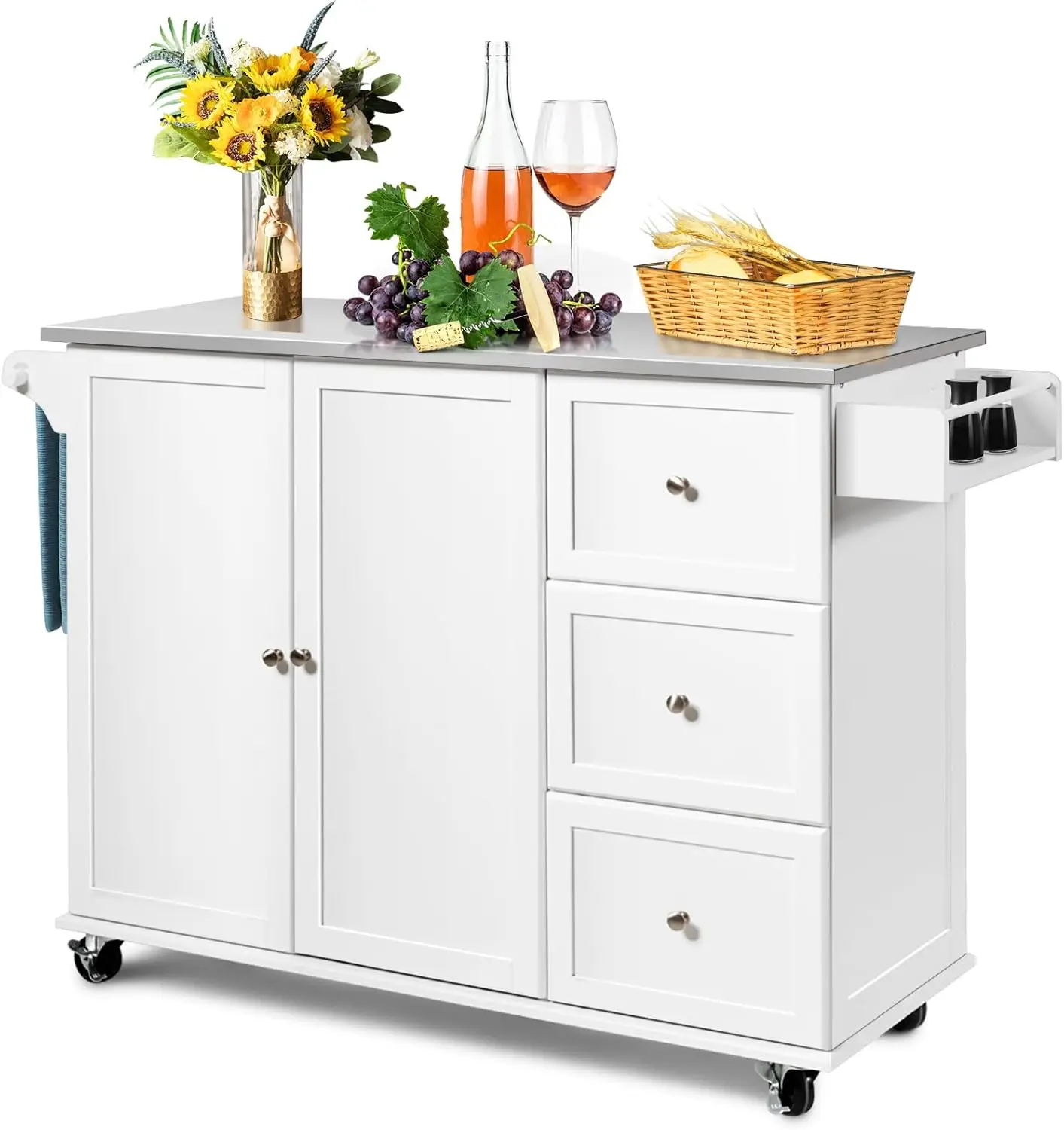 Island with Stainless Steel Top Rolling Kitchen Trolley Cart with Storage Cabinet 3 Drawers Towel & Spice Rack Island