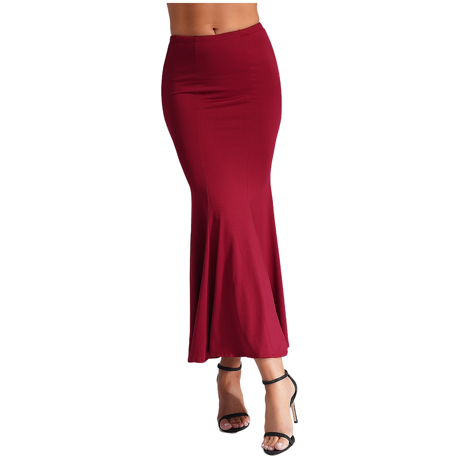 Women Gradient Color Dance Skirts Party Stage Performance Costume High Waist Elastic Waistband Ankle Length Flared Skirt