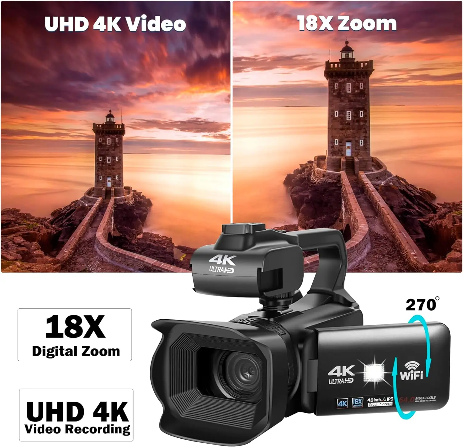 Komery 4K Video Camcorder Live Streaming Camera For Youtube 64MP WIFI 18X Zoom 4.0\