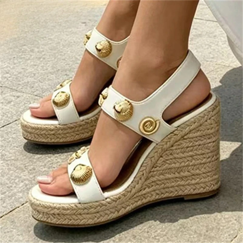 

Aneikeh Punk Fashion Metal Shell Decoration Platform Wedges Women Sandals Summer Twine Weave Thick Sole Buckle Strap Shoes