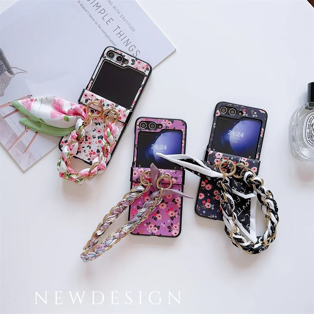 

Flower PU Leather Cover with Hinge Protection Scarf Wrist Chain Strap Bracelet For Samsung Galaxy Z Flip 7 6 5 4 3 5G Phone Case