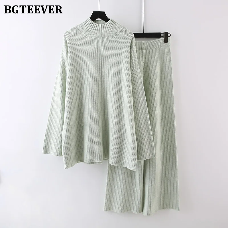 BGTEEVER Autumn Winter Thicken Warm Ladies 2 Pieces Knitted Outfits Long Sleeve Half High Collar Sweaters Women Knitting Pants