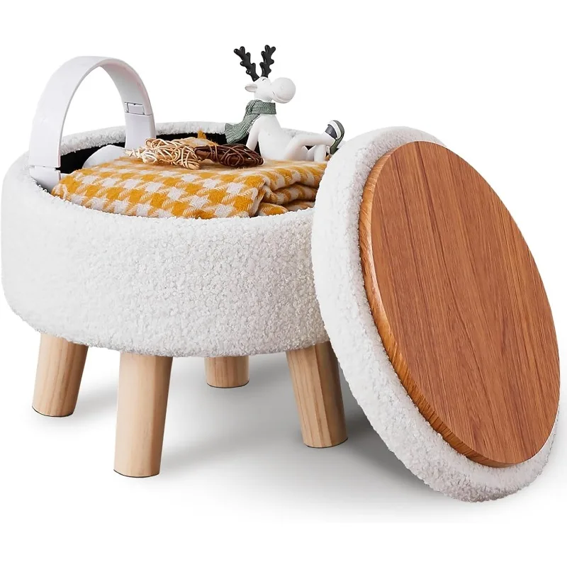 

Storage Ottoman, Modern Round Footrest with Soft Padded Seat, Teddy Velvet Footstool with Wood Legs