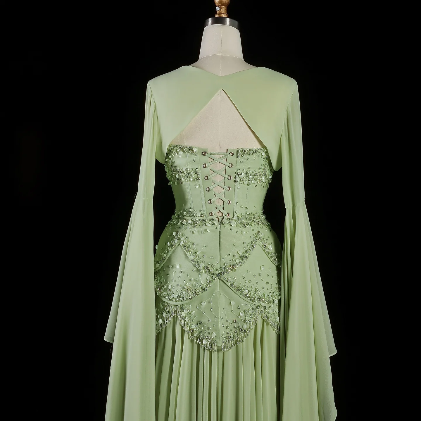 Sharon Said Elegantes Weißes Zweiteiliges Abendkleid mit Futter aus Chiffon mit Jacke, ausgestellten Ärmeln, Luxus SS286, maßgeschneidert – Detail 16