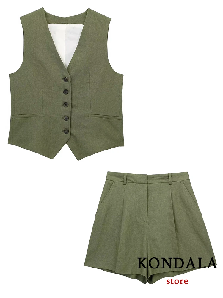 KONDALA Office Lady Summer 2023 Suits Women V Neck Single Button Sleeveless Blazer+High Waist Wide Leg Shorts Stylish Women Sets