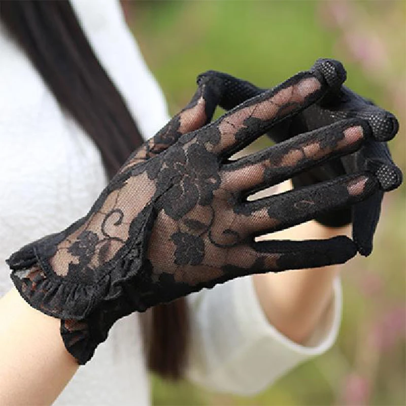 

Summer Sexy Lace Short Tulle Gloves For Women Flower Ruffle Touch Screen Sunscreen Mesh Gloves Driving Cycling Anti-slip Gloves