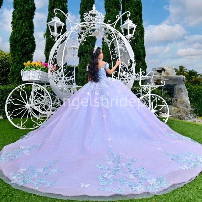 Angelsbridep Light Purple 3D Flora Long Train Vestidos De Fiesta 2025 Ball Gown Quinceanera Dress Girls Evening Party Dresses