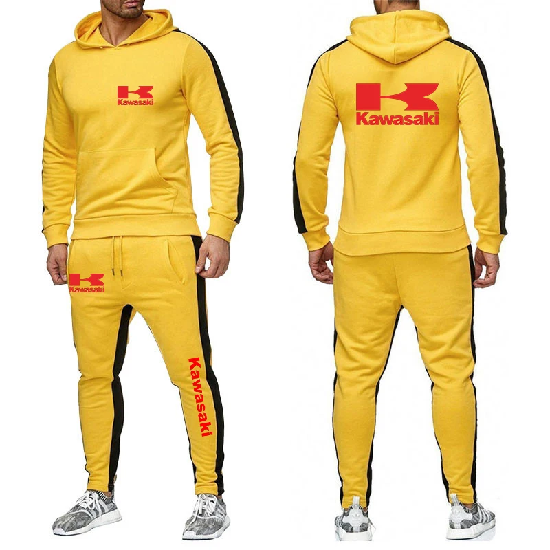 Spring Autumn Men Kawasaki Two-piece Set Kawasaki Motorcycle Racing Logo Print Fashion Casual Cool Hoodies+Sports Pants Suits 88