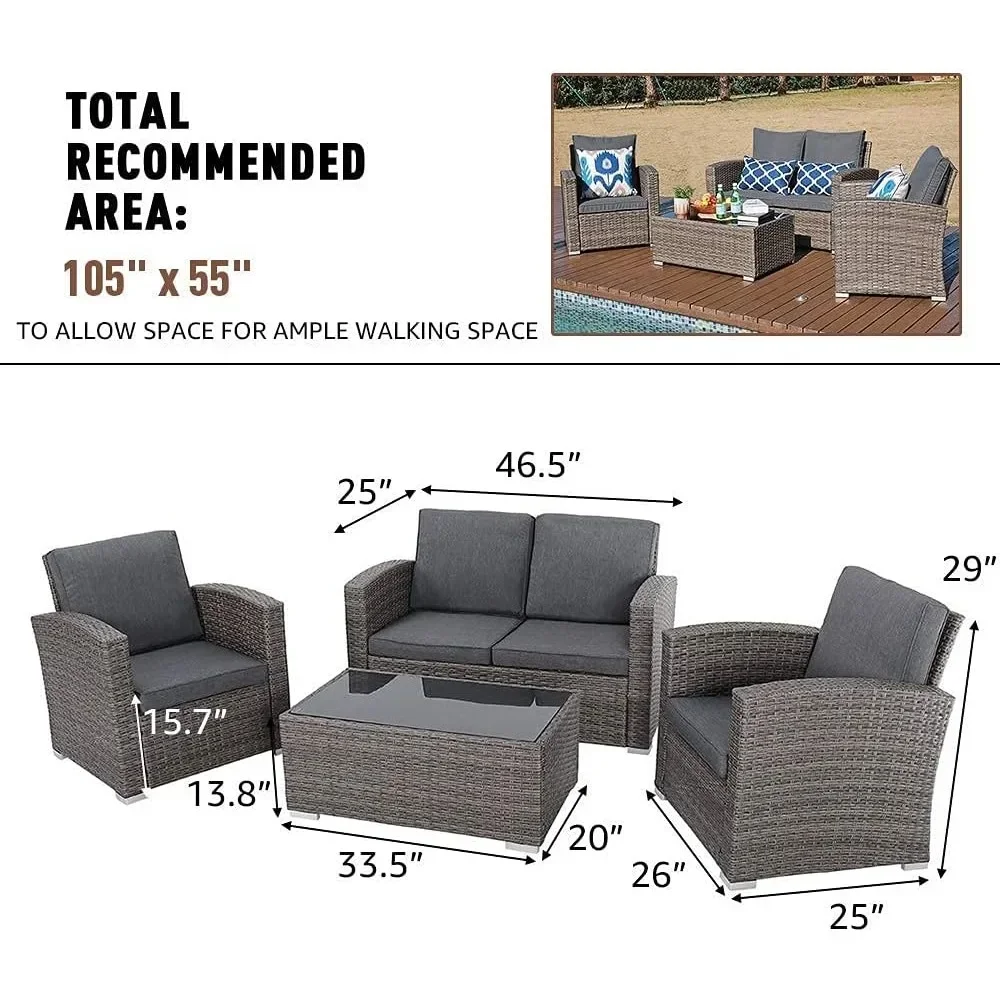 Outdoor U-Shaped Patio Conversation Set,4 Piece PE Rattan Wicker Small Sectional Patio Sofa Set with Tempered Glass Coffee Table