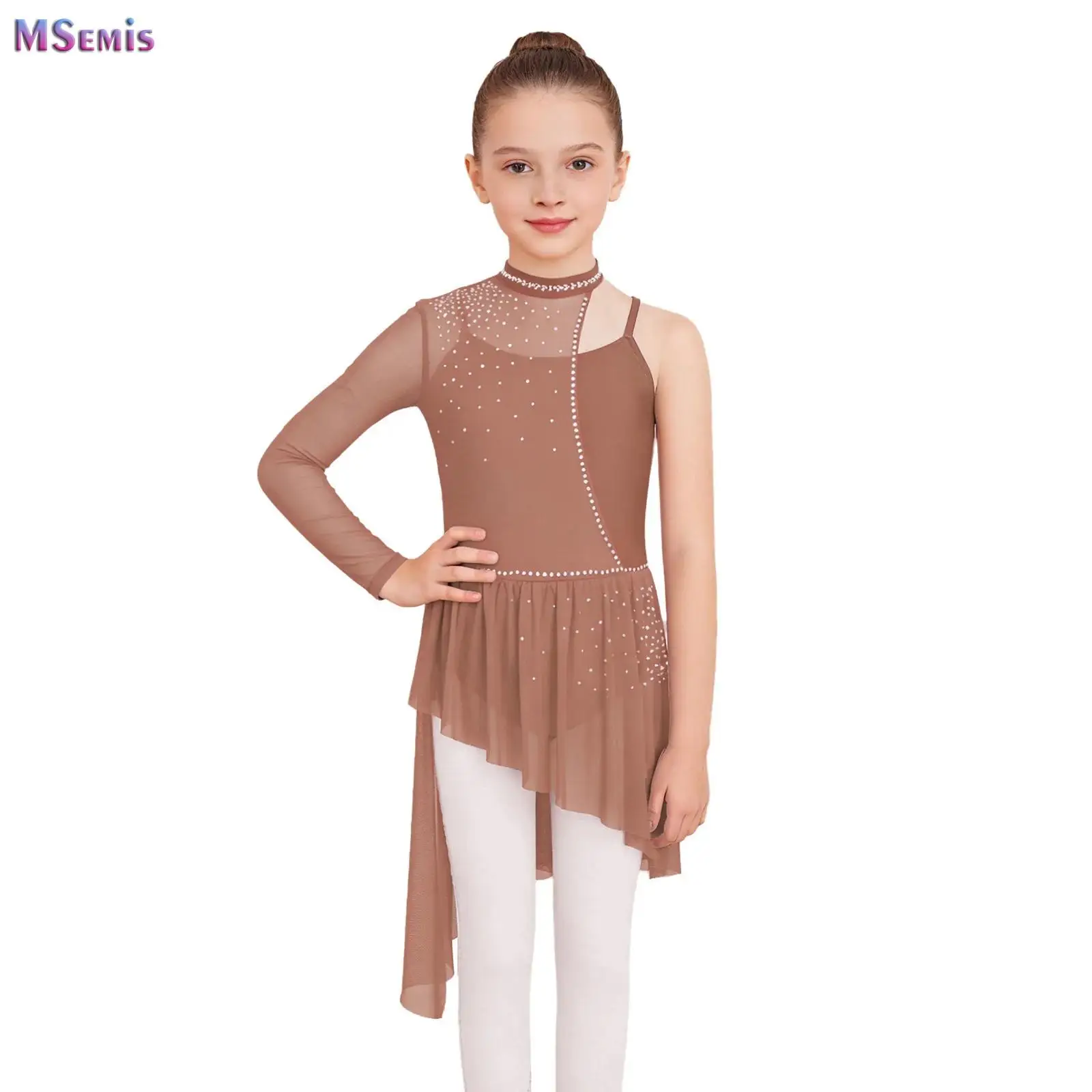 

Girls Lyrical Dance Dress Kids Asymmetrical Long Sleeve Ruched Rhinestone Leotard Dress Modern Ballet Contemporary Dance Costume