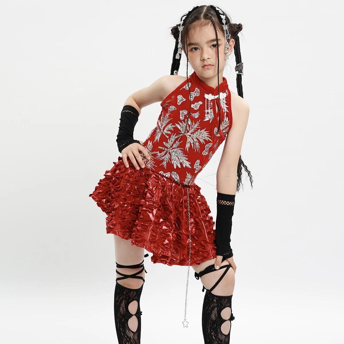 치어 리더 Kpop 복장 소녀 재즈 댄스 의류 레드 스팽글 파티 의상 무대 공연 정장 스트리트 댄스웨어 XS9491