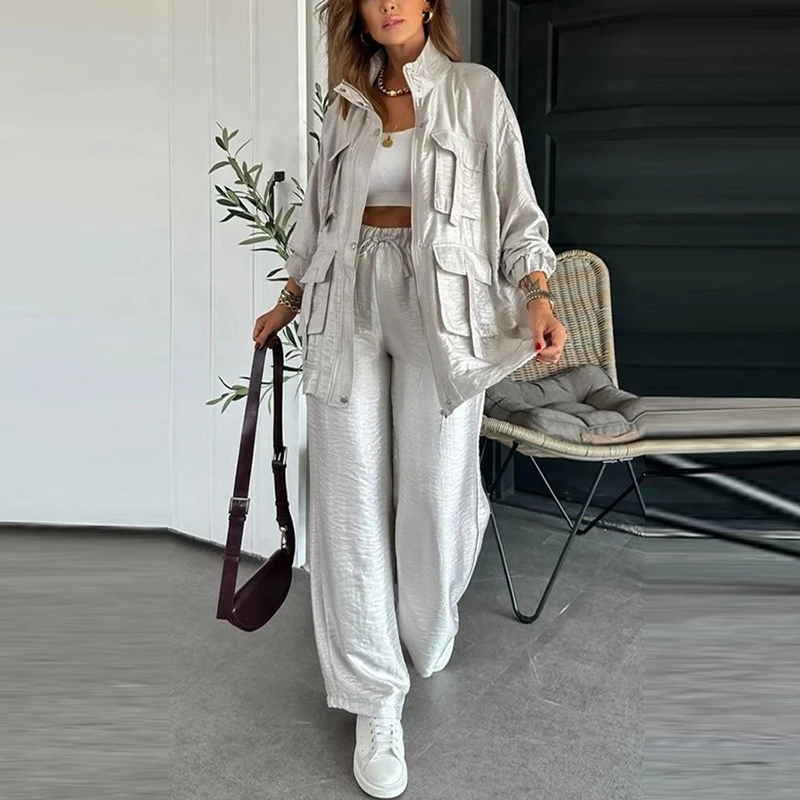 Women Casual Pockets Loose Sport Outfits Fashion Stand Collar Coats & Long Pants Suits Elegant Long Sleeve Solid Color 2Pc Sets