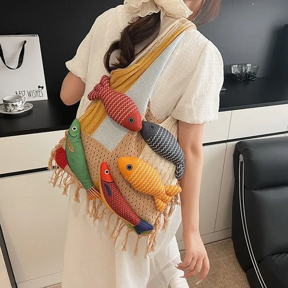 Casual Summer Cotten Crochet Shoulder Bag Fish Large Capacity Tassels Beach Handbag Simple Fashion Hollow Out Weave Bag Girls