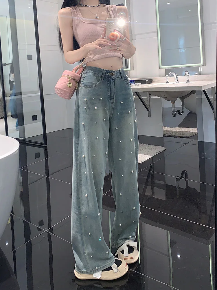 2023 Spring and Summer New Design Sense Pearl Slimming Loose Casual Baggy Jeans Straight-Leg Pants Women\'s Long Trousers Fashion