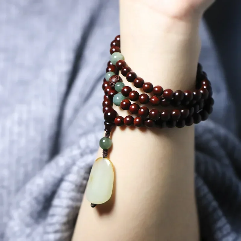 

Natural Indian Small Leaf Red Sandalwood Bracelet 108 Buddhist Beads Antique Woven Jewelry Men Women's Bangle Hotan Jade Pendant
