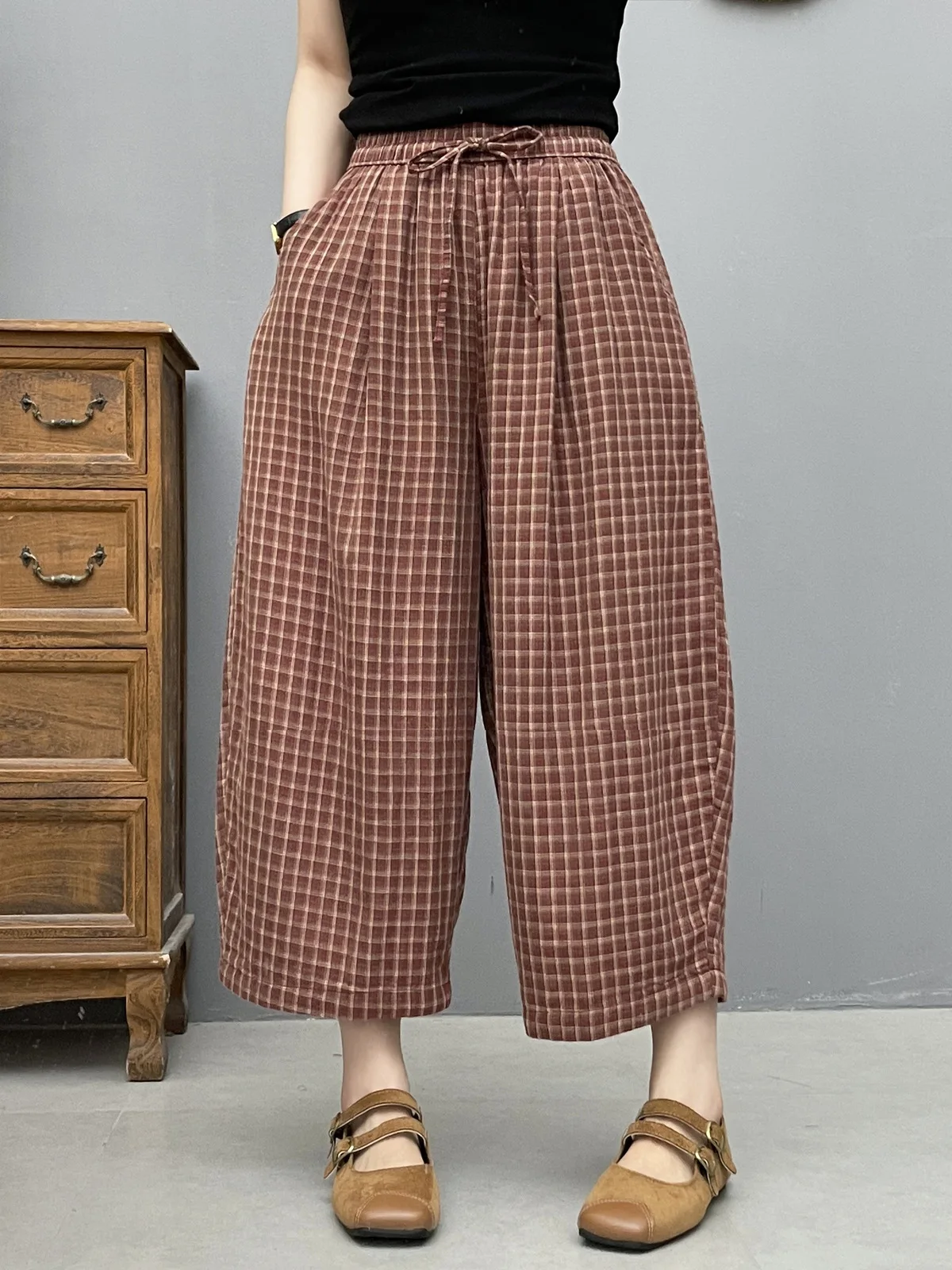 New 2026 Summer Women Cotton Yarn Trousers, Elastic Waist Plaid Lace-up, Mori Girl Fashion Casual Thin Wide-leg Pants B65525CC