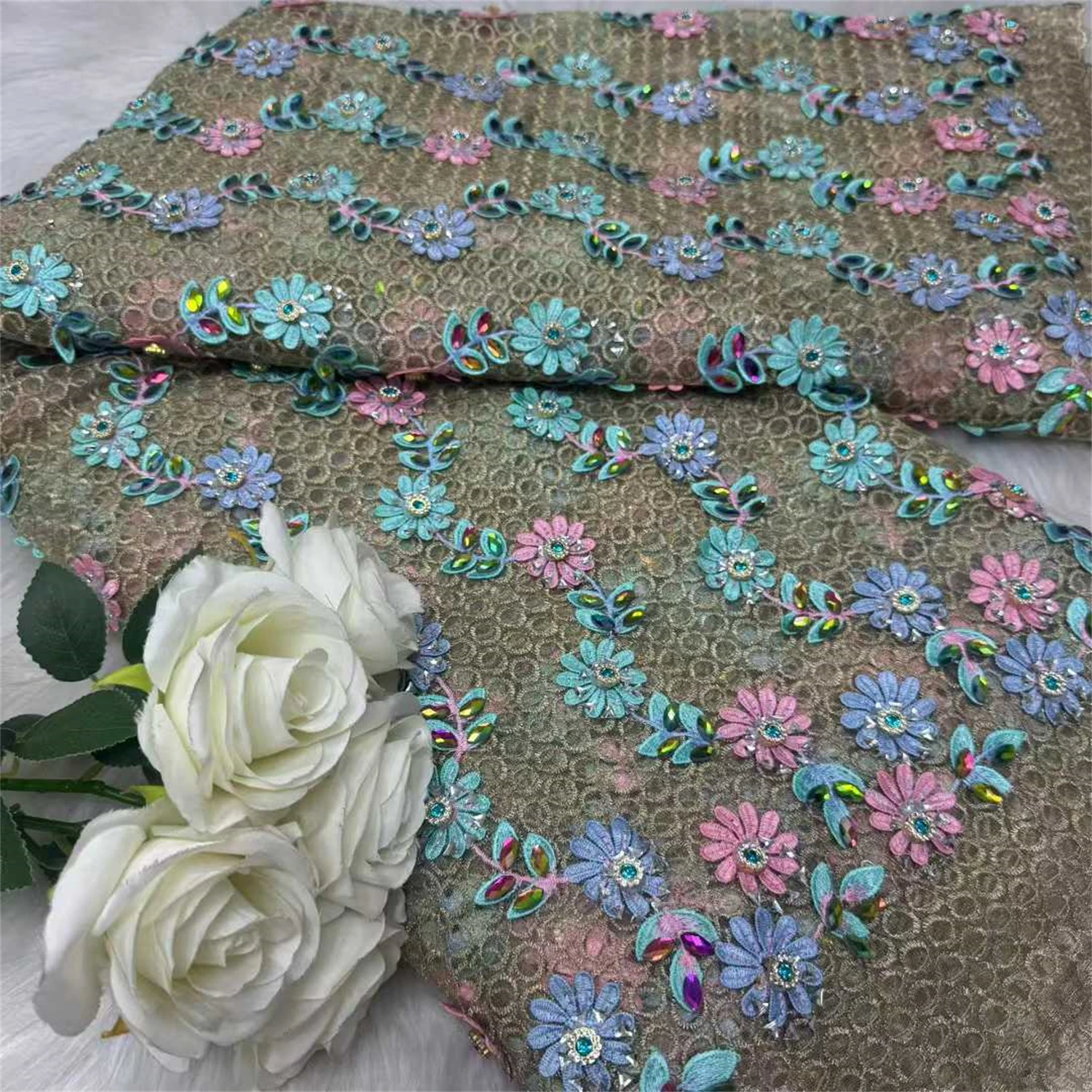 

African High Quality Hand Cut Lace With 3D Big Flower Tulle Lace Multicolored Gemstone French Nigerian Lace Fabric For Wedding