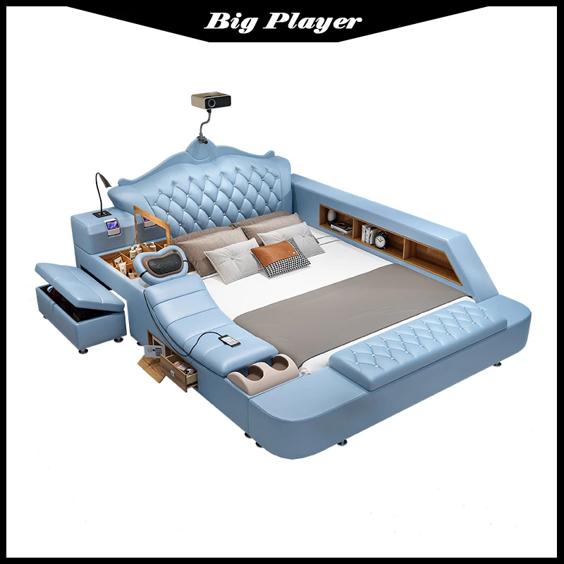 European high-end luxury tatami bed Modern simple leather bed Intelligent dialogue wedding bed Multifunctional projector