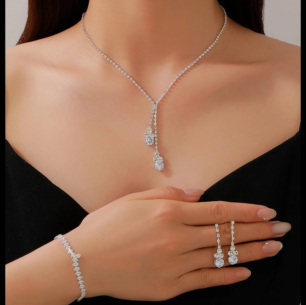 Set di gioielli da sposa: collana, orecchini, bracciale elegante e minimalista con strass e zirconi per matrimoni, banchetti e feste
