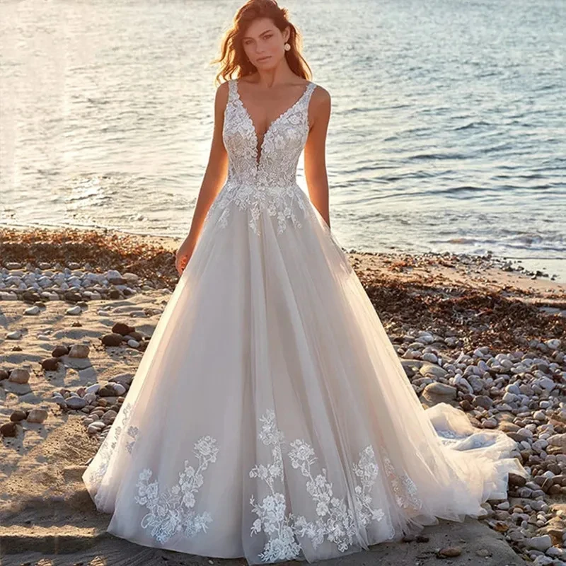 

Deep V-Neck Boho Wedding Dresses 2024 Beach Lace Appliques Bridal Gown Backless Tulle Sweep Train vestidos de novia